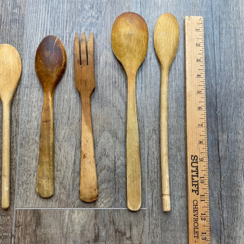Vintage Wooden Kitchen Utensil‎ Set 6pc Rustic Hand Carved Spoons and Fork Set